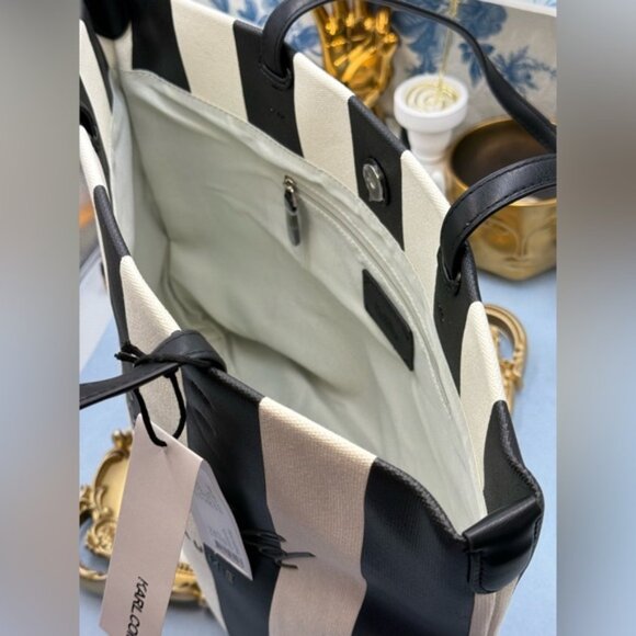 🆕 KARL LAGERFELD PARIS 🧿 NWT Hotel Beach Stripe Tote, Black & White - Picture 11 of 15